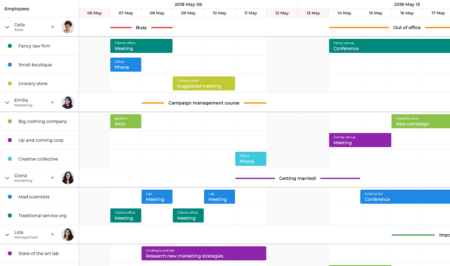 Bryntum Scheduler showing four team members across a two-week resource timeline with colour-coded task bars