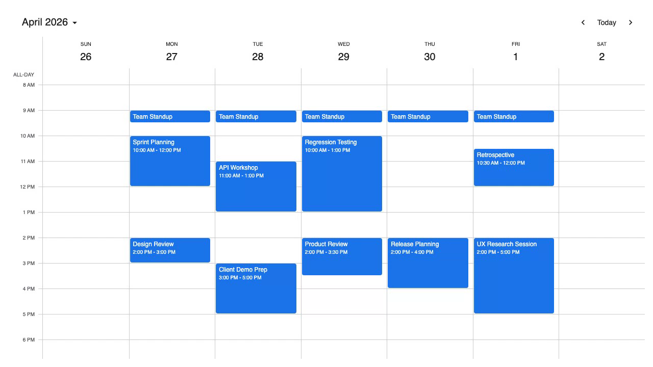Mobiscroll Event Calendar showing a resource timeline with four team members and color-coded task bars across April 2026