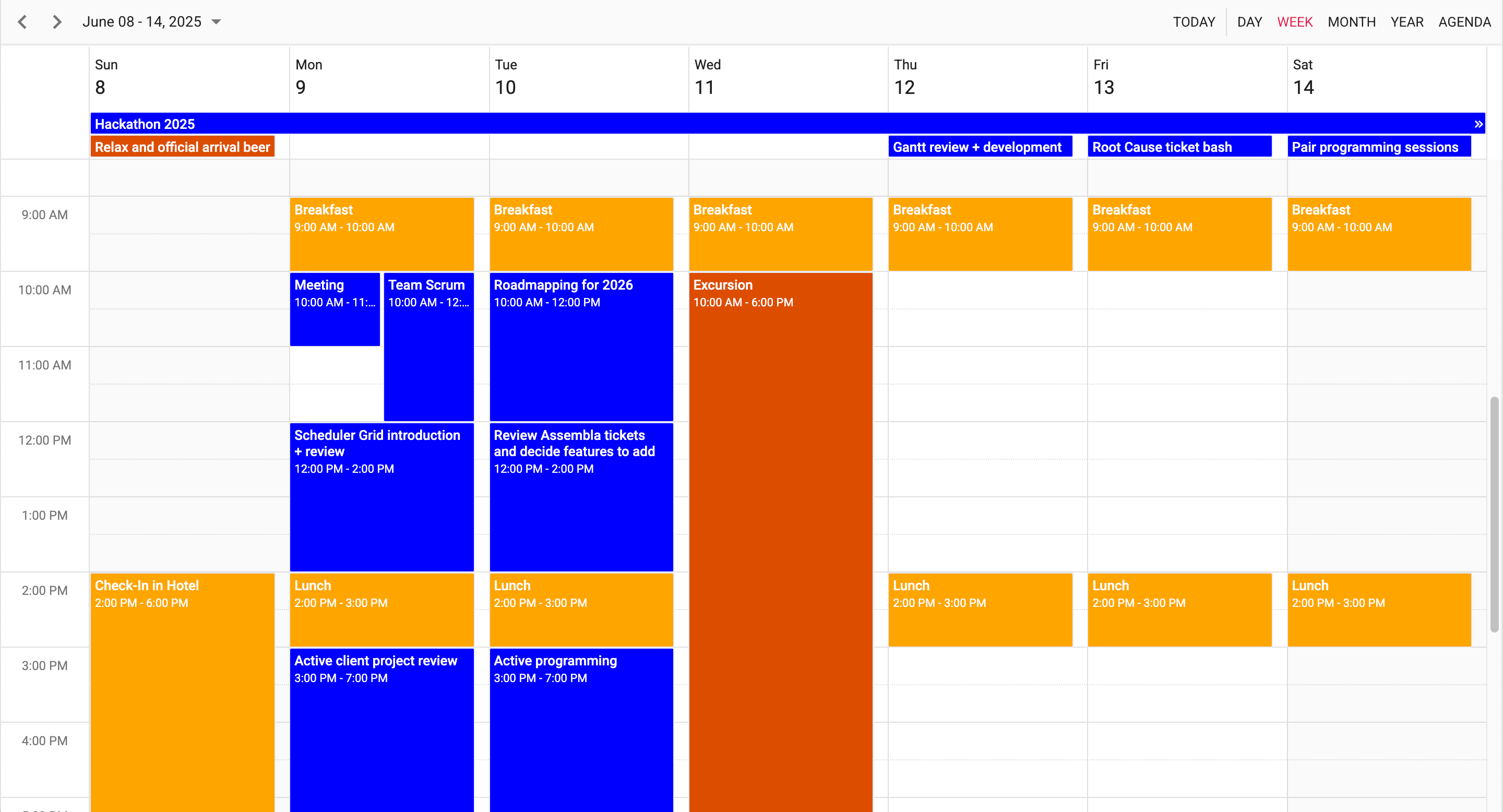 Syncfusion Schedule showing a week view with multiple event types
